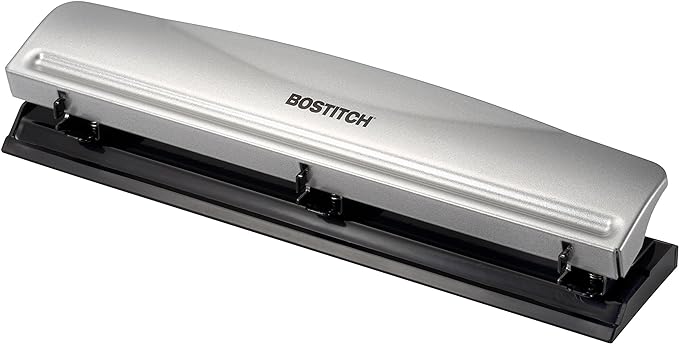 Bostitch Office Premium 3 Hole Punch, 12 Sheet Capacity, Metal, Rubber Base, Easy-Clean Tray, Silver